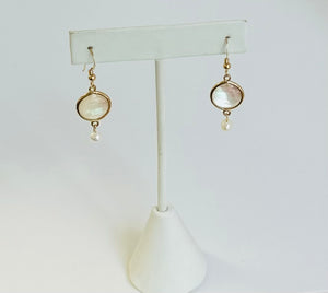 Mother of Pearl Earrings with freshwater pearl accents on 14kt gold filled ear wire.