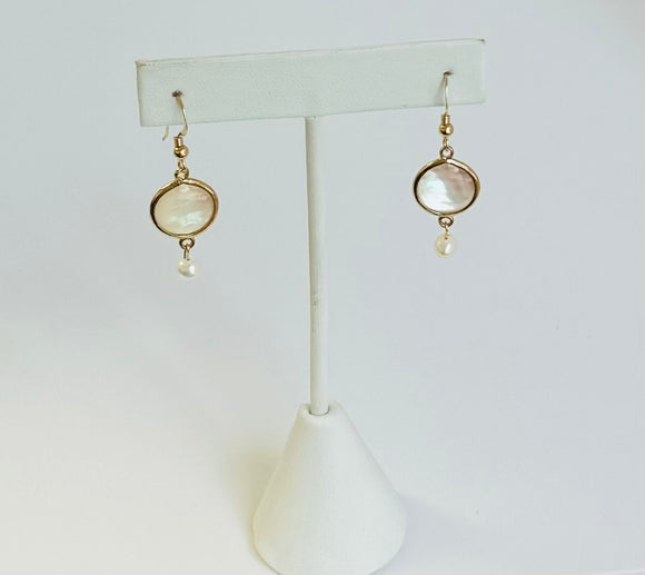 Mother of Pearl Earrings with freshwater pearl accents on 14kt gold filled ear wire.