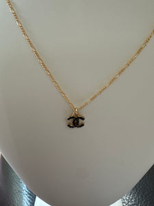 Repurposed Dainty Chanel zipper pull, black rhinestones on 14kt gold filled 16” chain