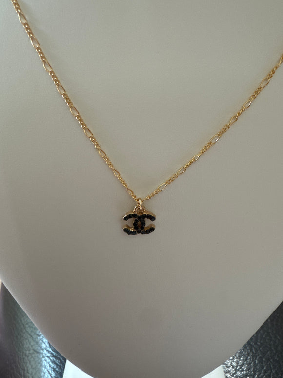Repurposed Dainty Chanel zipper pull, black rhinestones on 14kt gold filled 16” chain