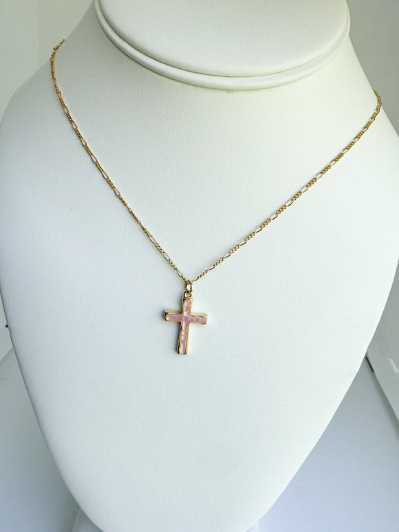 Pink Opal 14kt gold-filled cross on 14kt gold-filled chain.