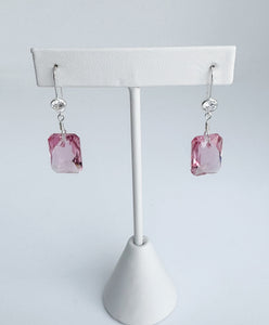 Pink rectangle crystal on cz clear ear wire