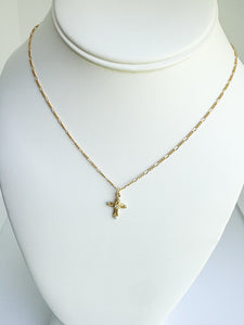 16k gold filled artisan textured cross, micro pave on 16” 14kt gold-filled Figaro chain.