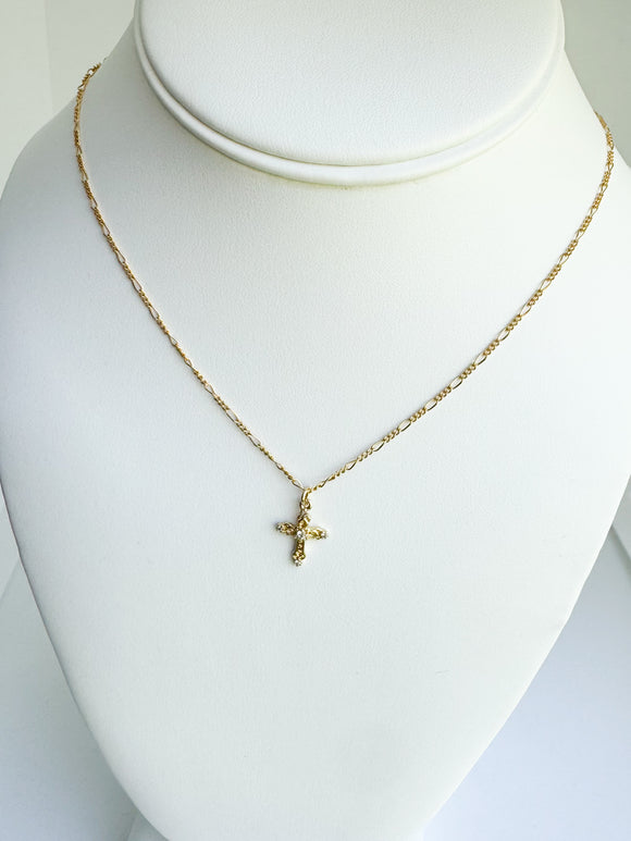 16k gold filled artisan textured cross, micro pave on 16” 14kt gold-filled Figaro chain.