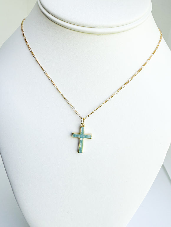 Blue opal 14kt gold filled cross on 14kt gold filled chain necklace.