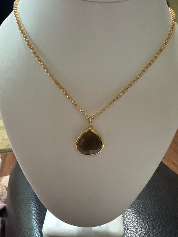 18” Smoky Quartz Teardrop Necklace, 12kt gold-filled rolo cable chain.