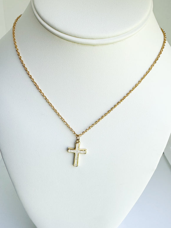 Mother of pearl 14kt gold filled Cross on 14kt gold-filled chain necklace.
