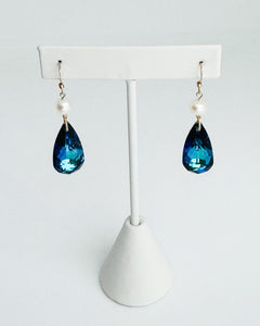 Bermuda Blue Australian Crystal teardrop earrings with freshwater pearls.