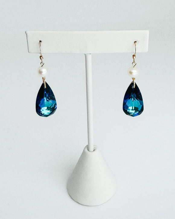 Bermuda Blue Australian Crystal teardrop earrings with freshwater pearls.