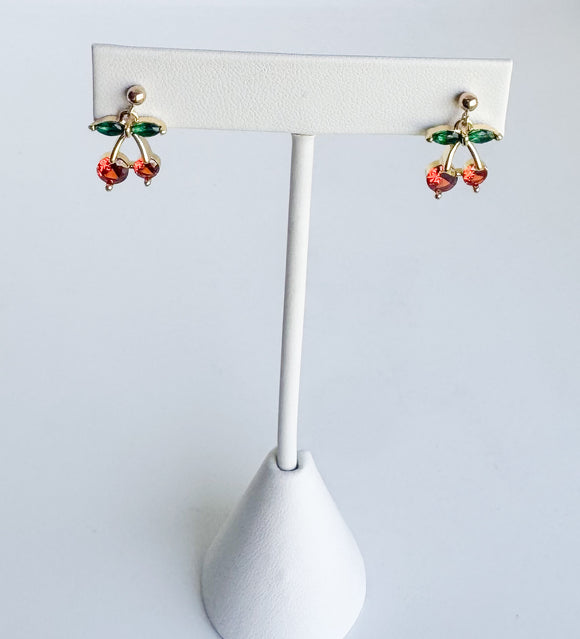 18k Gold-filled CZ red cherry & marquise leaf on 14kt gold-filled posts.