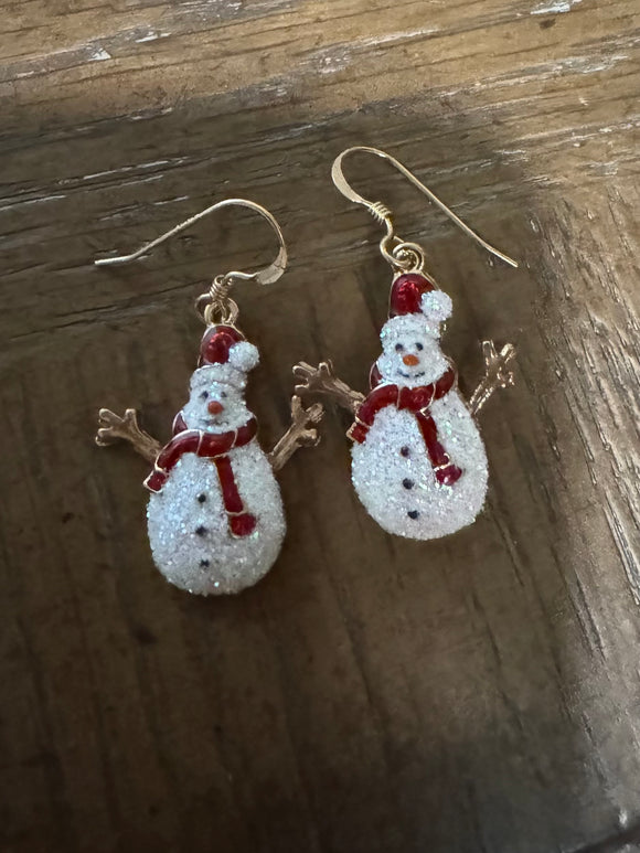 Snowman earrings with red scarf on 14kt gold filled ear wire.