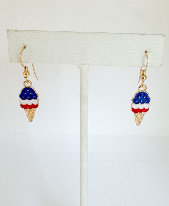 Red White & Blue Ice Cream Cone Earrings on 14kt gold-filled ear wire.