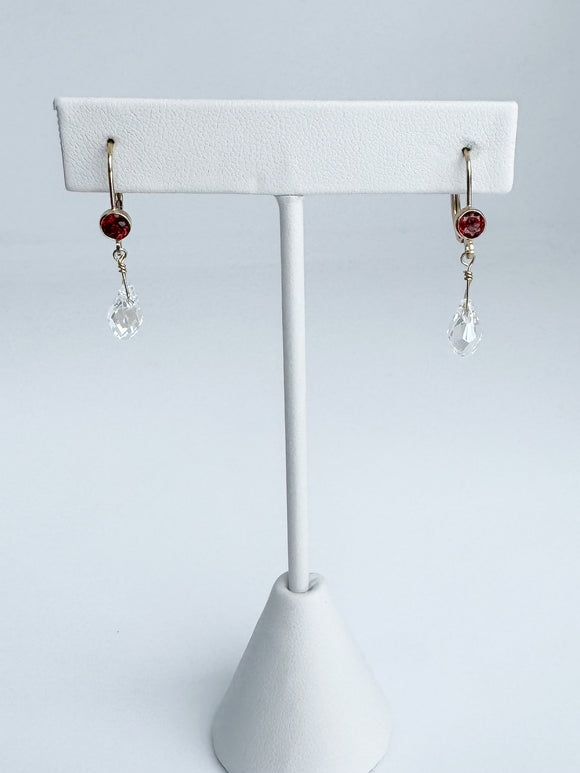 Garnet Gemstone on 14kt gold-filled ear wire with quartz crystal.