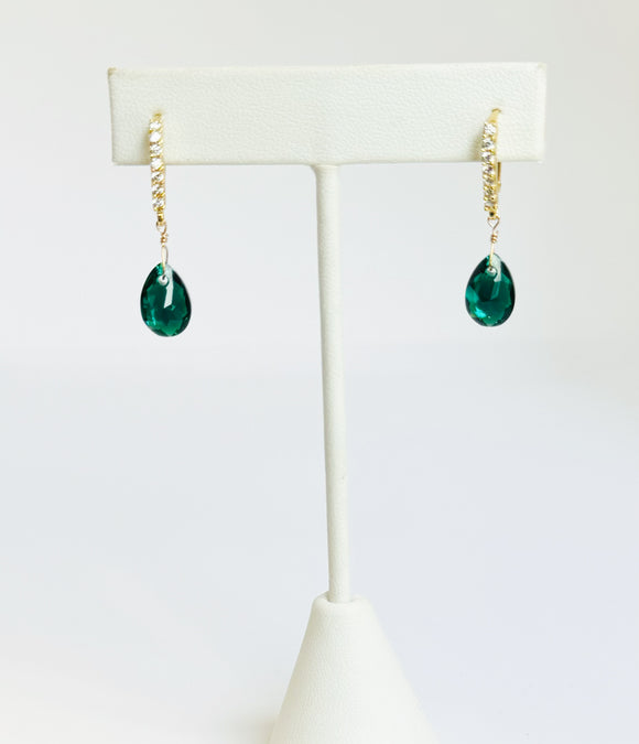 Emerald Crystal Earrings, cubic zirconia ear wire.