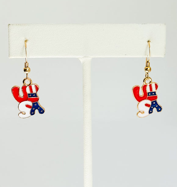 USA Earrings on 14kt gold-filled ear wire.