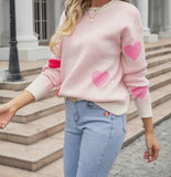 Heart Print Knit Sweater- Pink - Size Medium