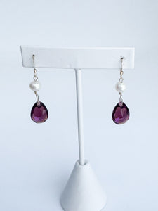 Amethyst Shimmer crystal earrings with freshwater pearls on 14kt gold filled ear wire.