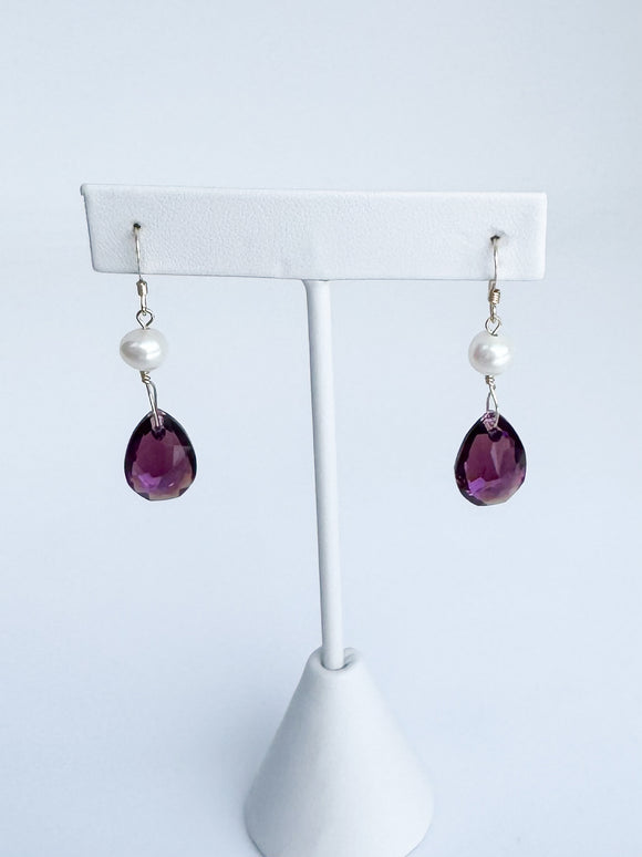 Amethyst Shimmer crystal earrings with freshwater pearls on 14kt gold filled ear wire.