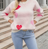 Heart Print Knit Sweater- Pink - Size Medium
