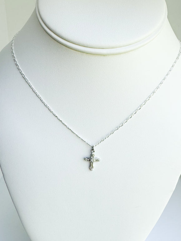 16k gold filled artisan textured religious cross charm in silver micro pave 16” necklace.