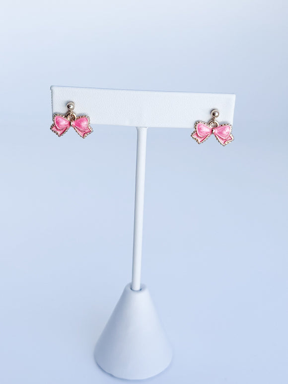 Dark Pink Enamel Bow Earrings on 14kt gold filled ear wire.