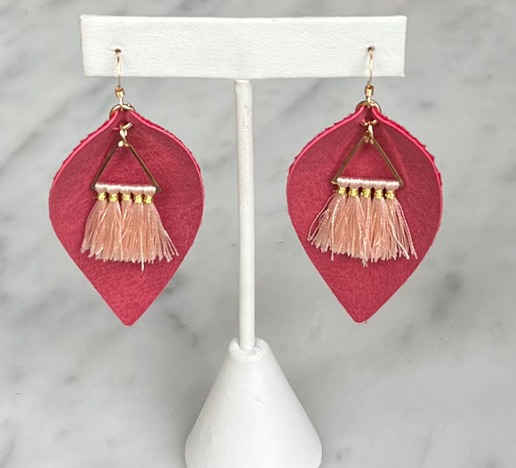 Maroon Faux Leather Earrings w/ Pink Tassel