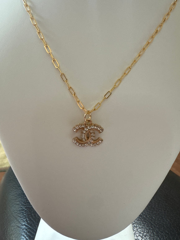 Repurposed Chanel zipper pull, clear rhinestone C’s on 14kt gold filled 16” chain
