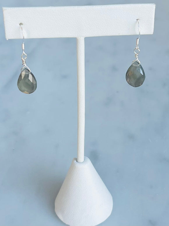 Natural Labradorite Faceted Teardrop Earrings with Sterling Silver Wire.