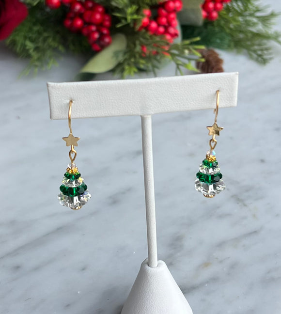 Clear Green Christmas Tree Earrings