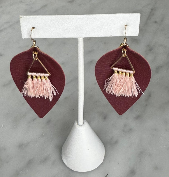 Burgundy Faux Leather earrings with pink tassel