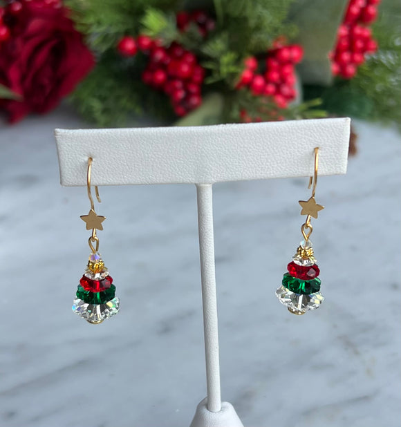 Red Green Clear Christmas Tree Earrings